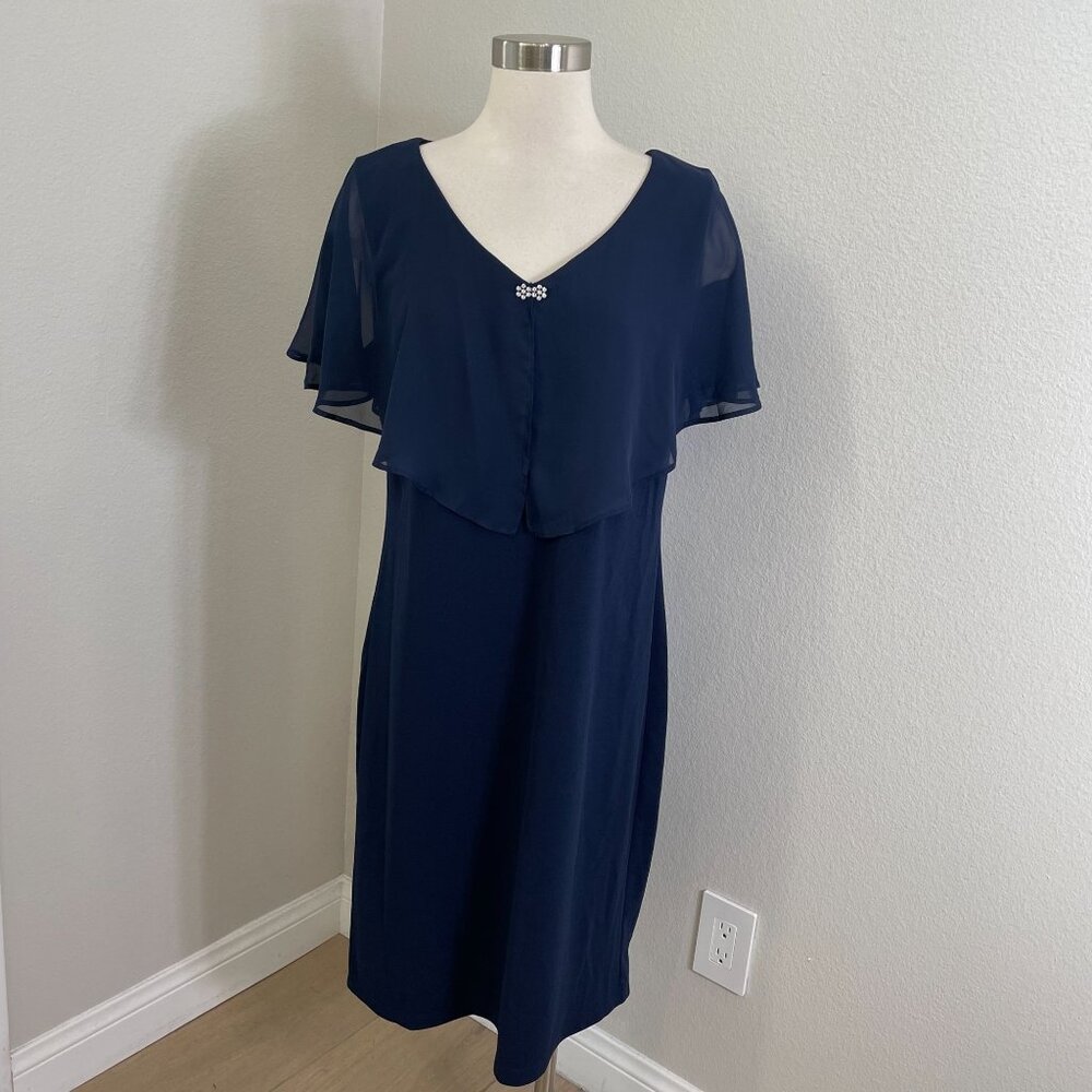 NEW SLNY Womens 16 Navy‎ Capelet Sheath Dress V Neck Cocktail Party